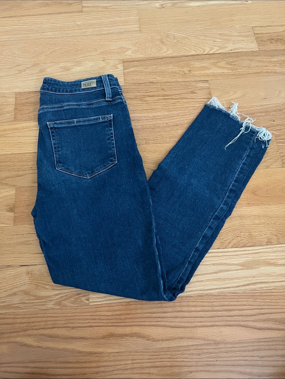 PAIGE Dark Blue High-Rise Skinny Jeans with Frayed Hem